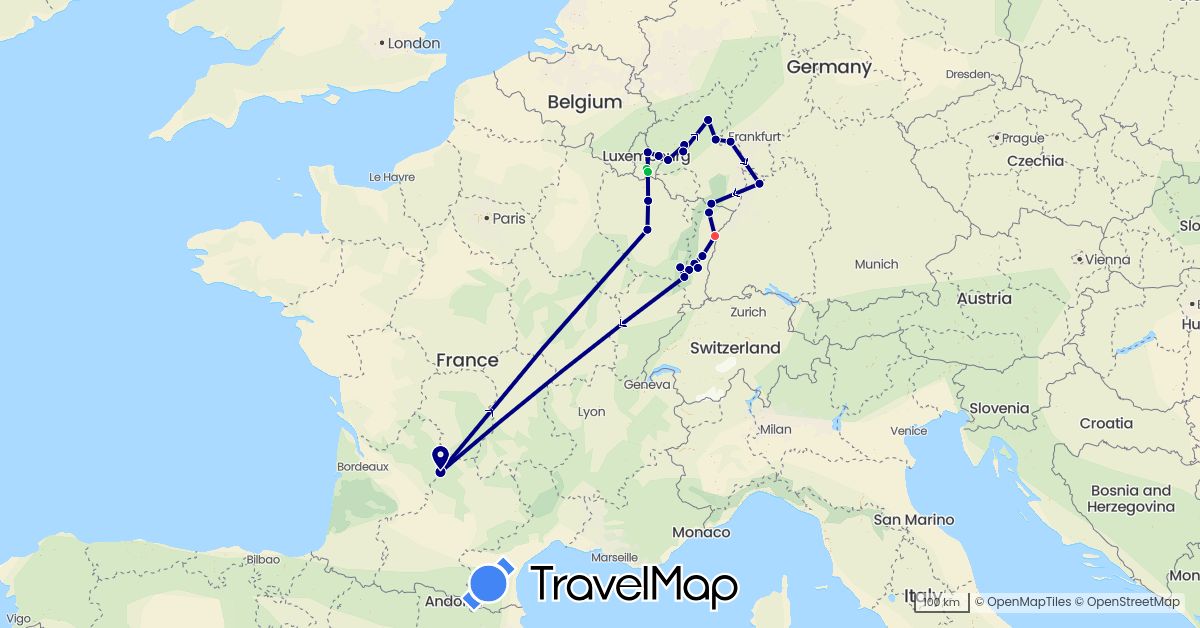 TravelMap itinerary: driving, bus, hiking in Germany, France, Luxembourg (Europe)